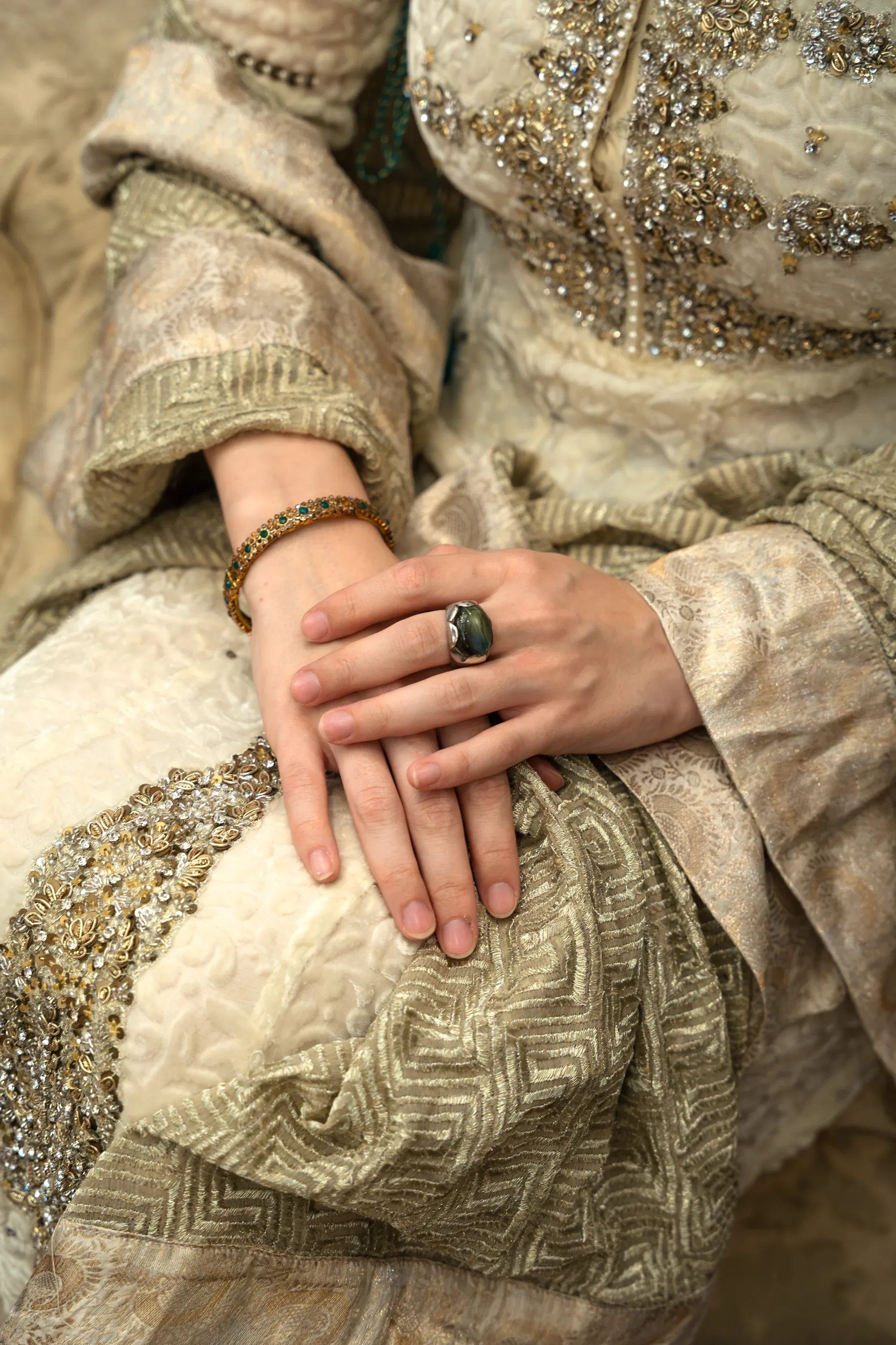 Bold color-blocked outfit in a vibrant studio setup.